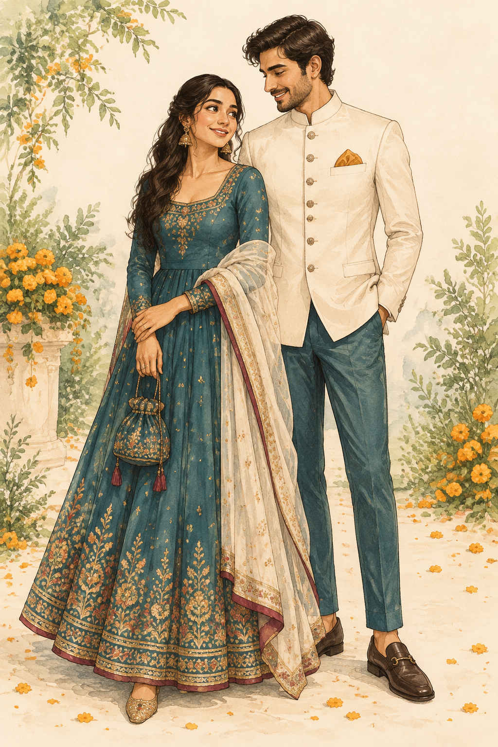 Illustrated couple in coordinated teal, ivory and marigold semi-formal attire